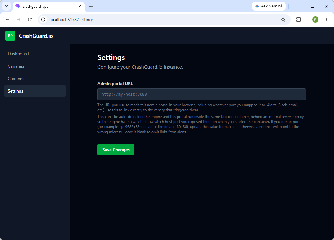The CrashGuard Admin App Settings page, with the Admin portal URL field set and an explanation of why it's needed