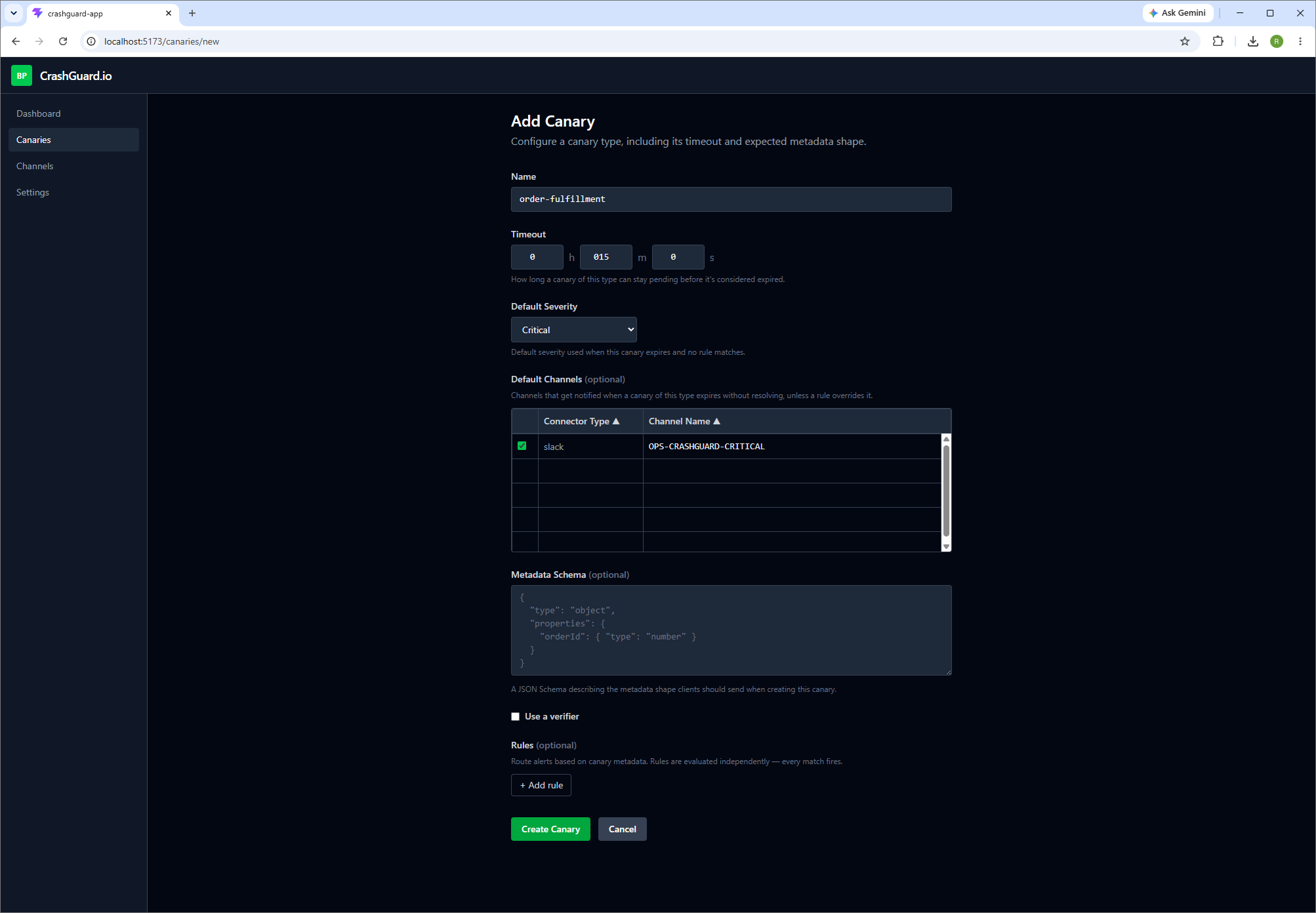 The CrashGuard Admin App canary type editor, configuring a timeout, severity, and default channels
