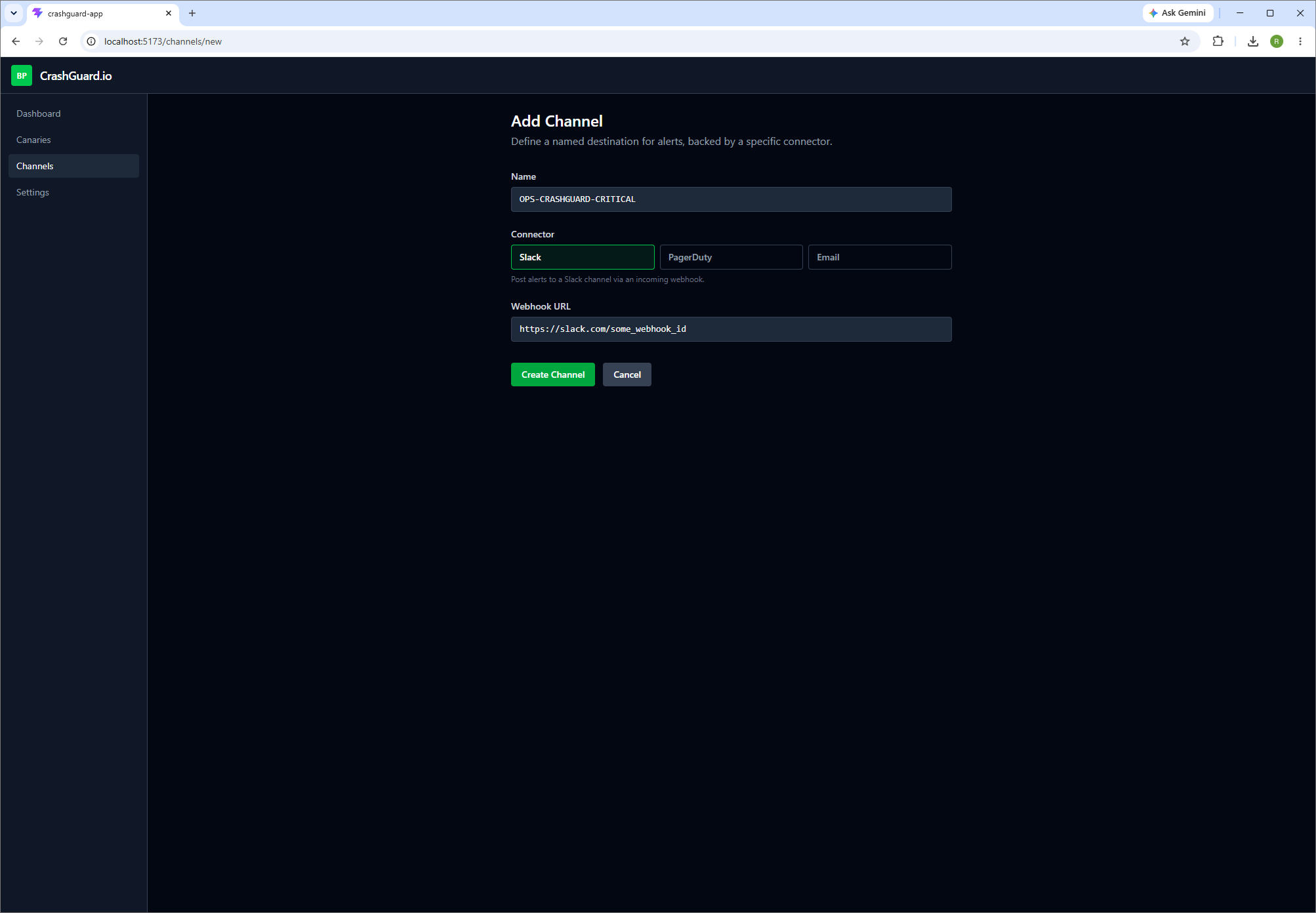 The CrashGuard Admin App channel editor, creating a Slack channel with a webhook URL