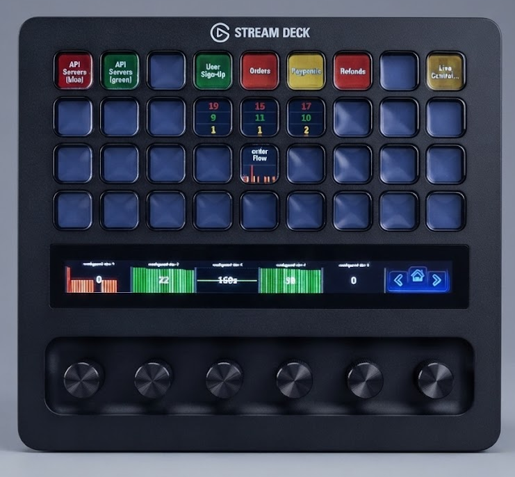CrashGuard on a Stream Deck XL+, showing canary status keys, live bar charts, and system status dials