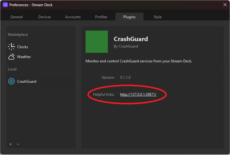 Stream Deck Preferences, Plugins tab, with CrashGuard selected and its Helpful links URL highlighted