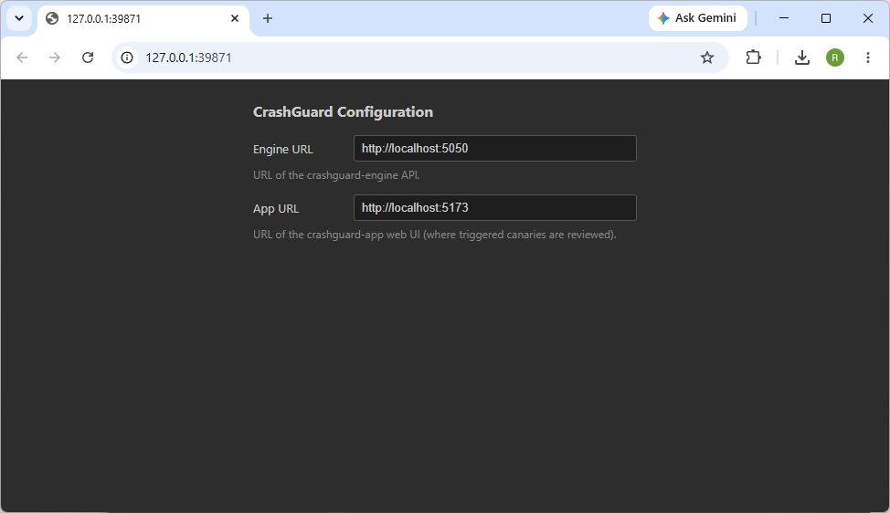 CrashGuard plugin configuration page with fields for the Engine URL and the App URL